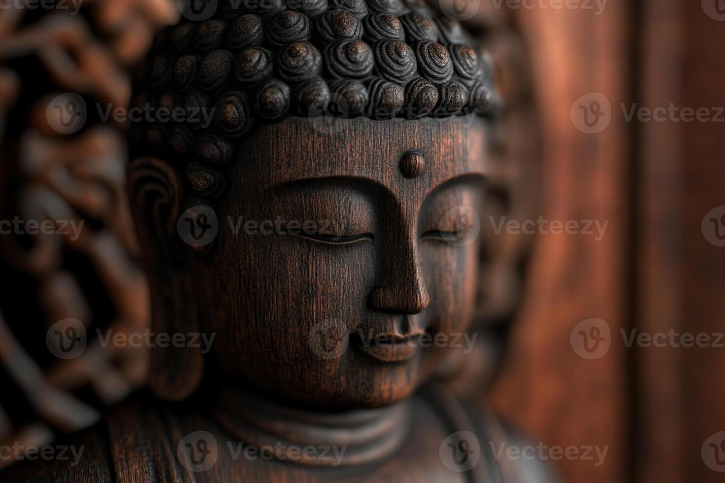 Intricate wood carving of a serene Buddha figure photo