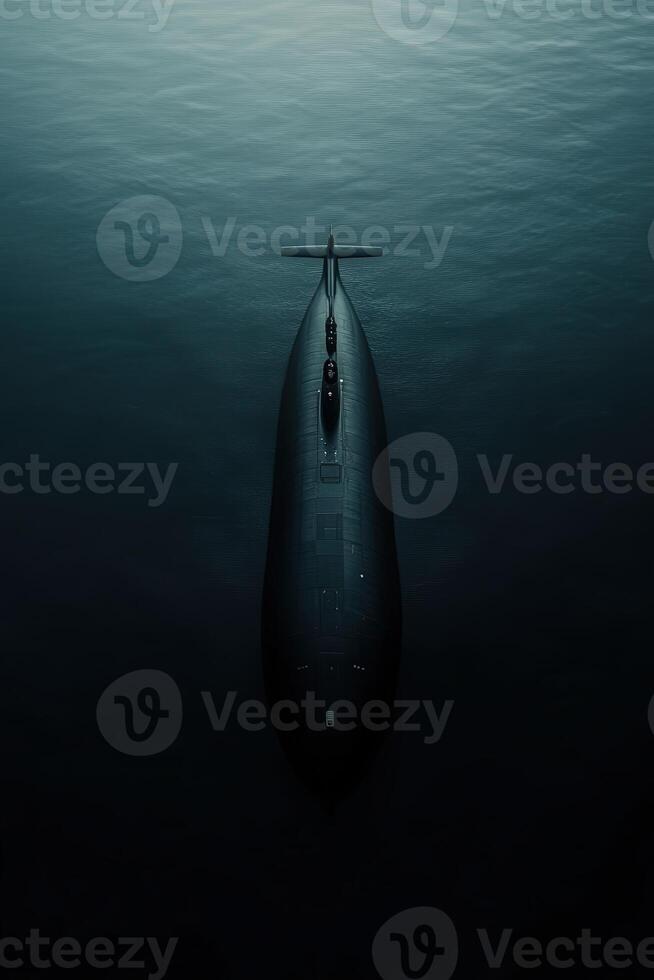 Submarine navigating through deep ocean waters at night photo