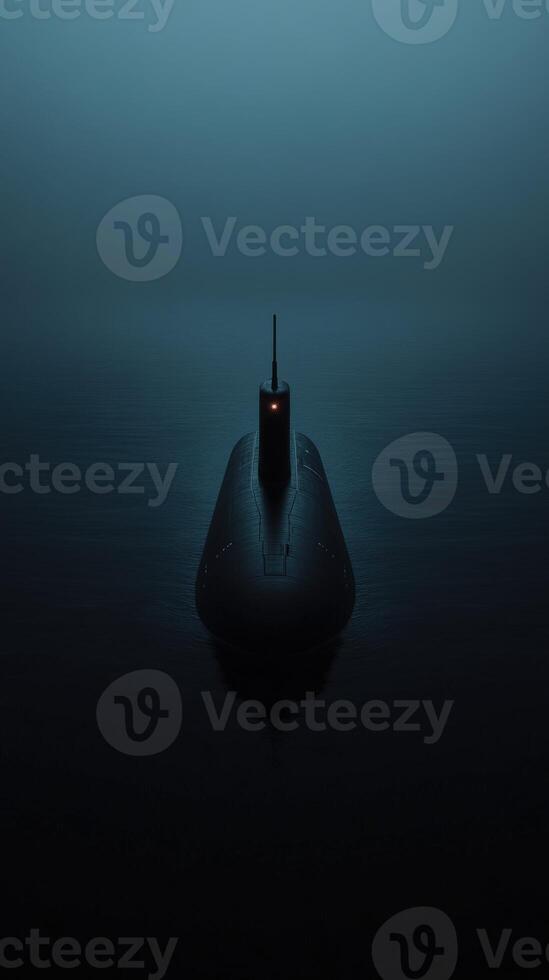 Submarine navigating through dark ocean waters at dusk photo