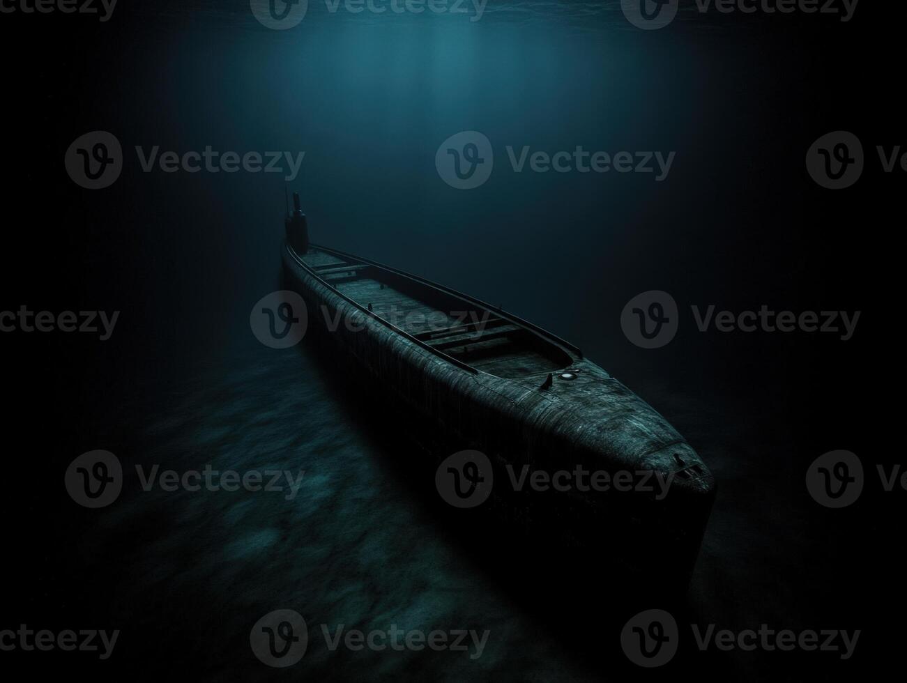 Submarine resting on ocean floor at twilight photo