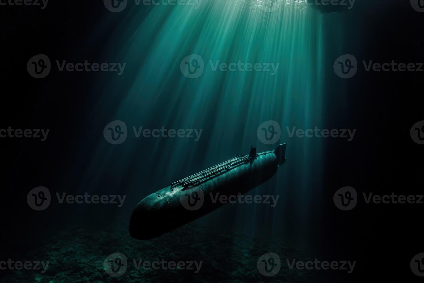 Submarine gliding through deep ocean waters with sunlight rays photo