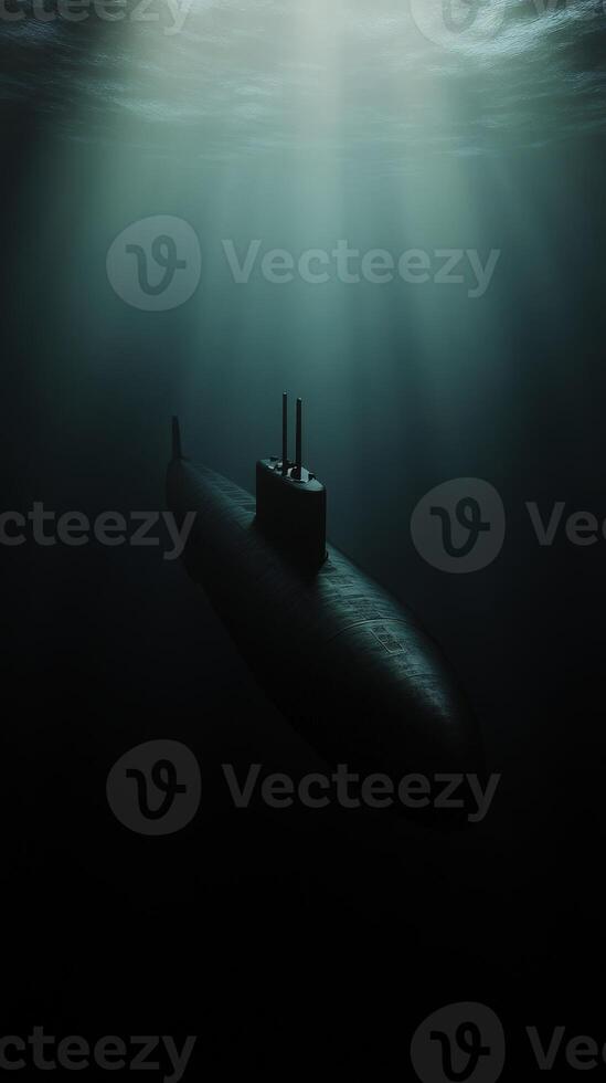 Submarine gliding through dark ocean depths with sunlight beams photo