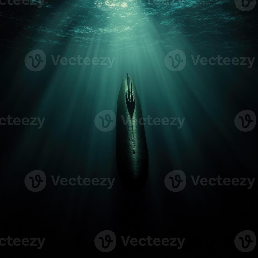 Submarine navigating in deep ocean waters with sunlight beams photo