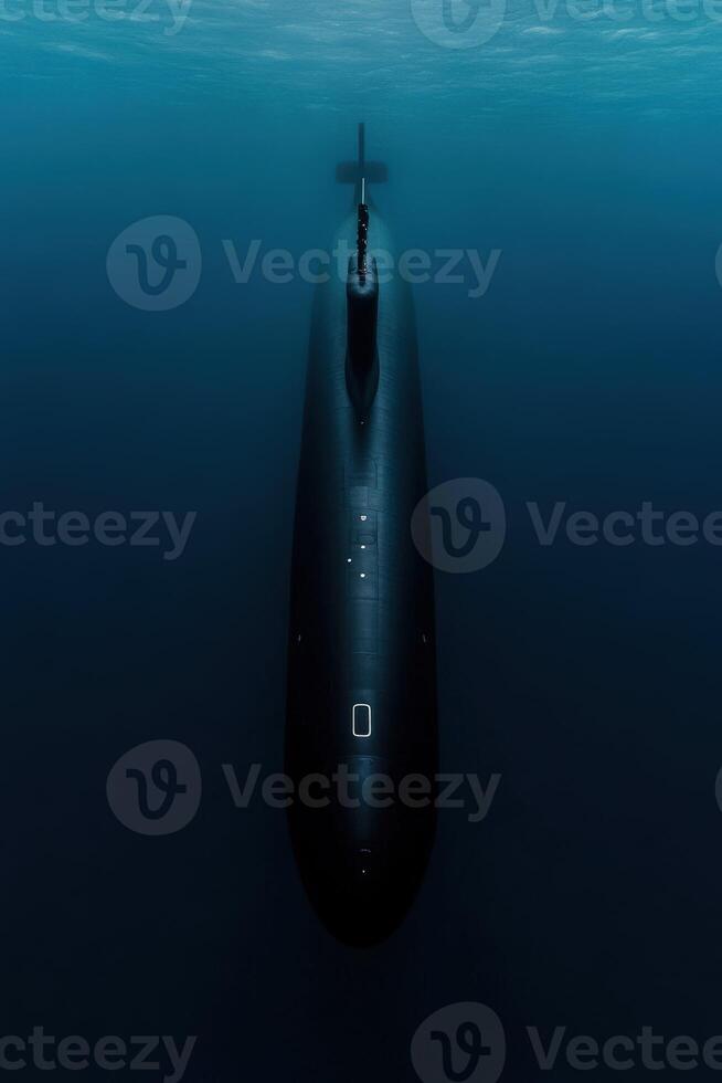 Submarine navigating underwater in the deep ocean depths photo