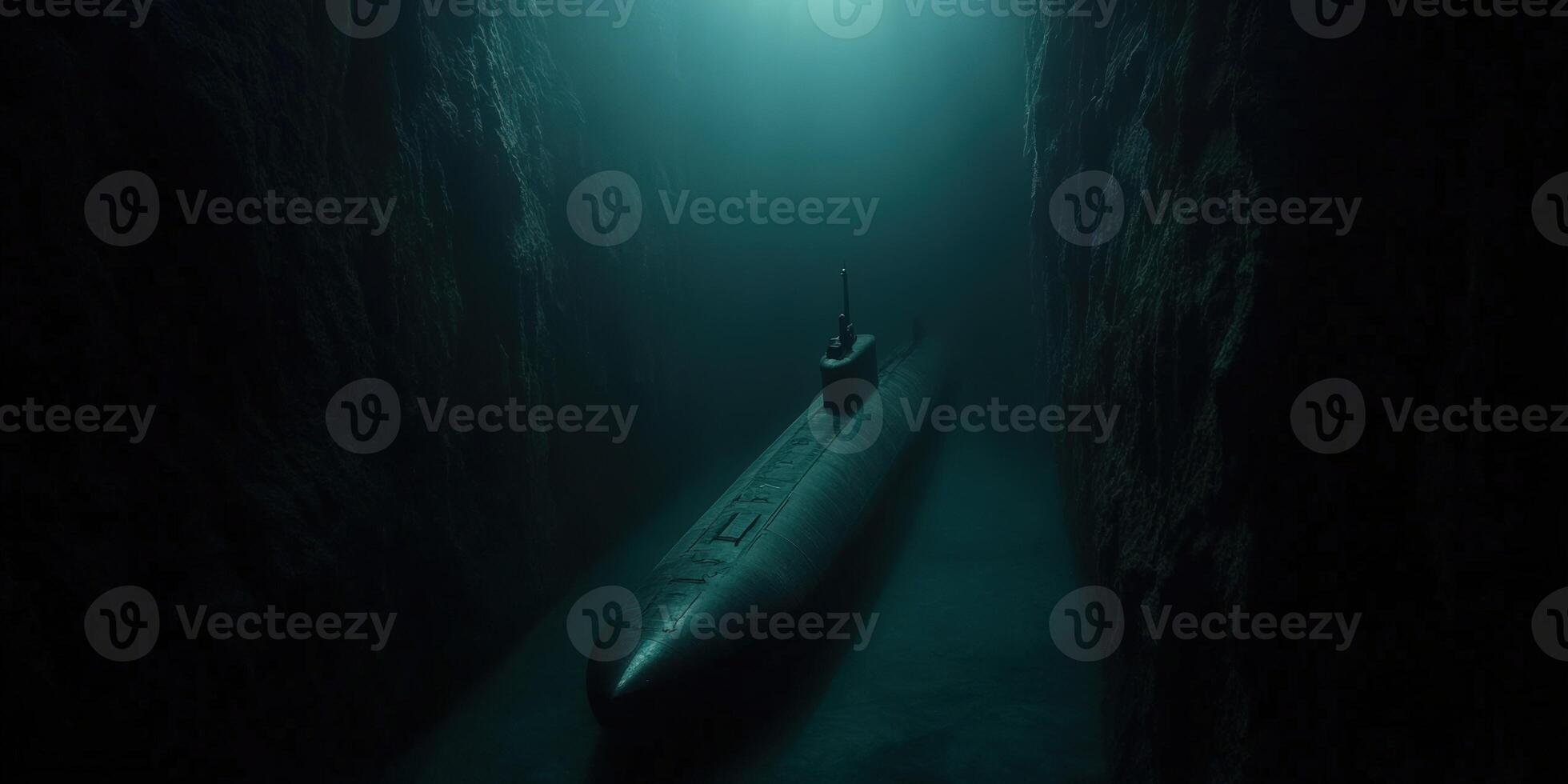 Submarine navigating through deep underwater canyon photo