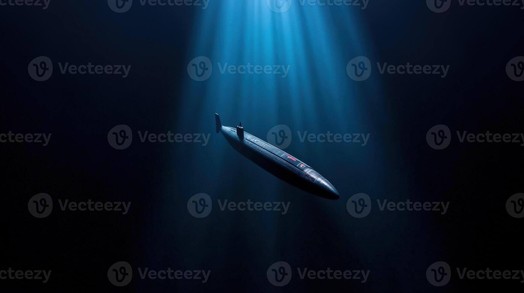 Submarine navigating underwater with beams of light above photo