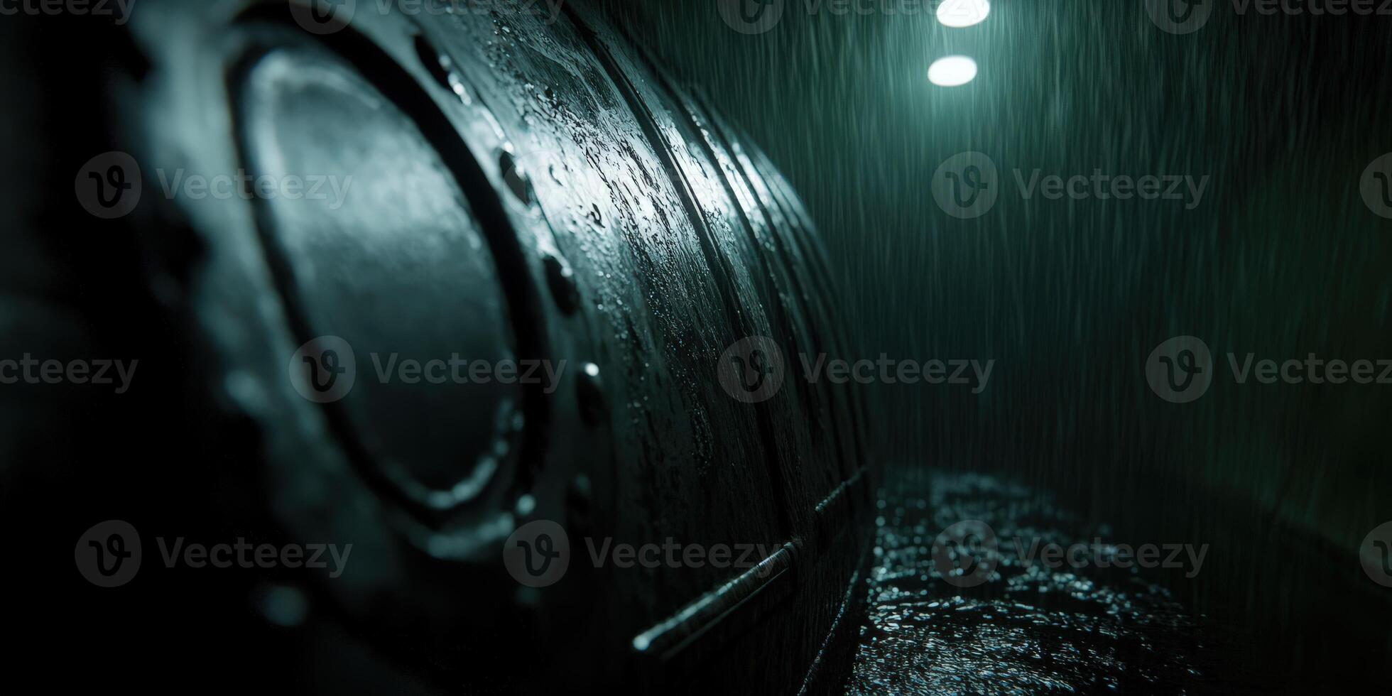 Submarine interior showing wet surfaces in low light photo