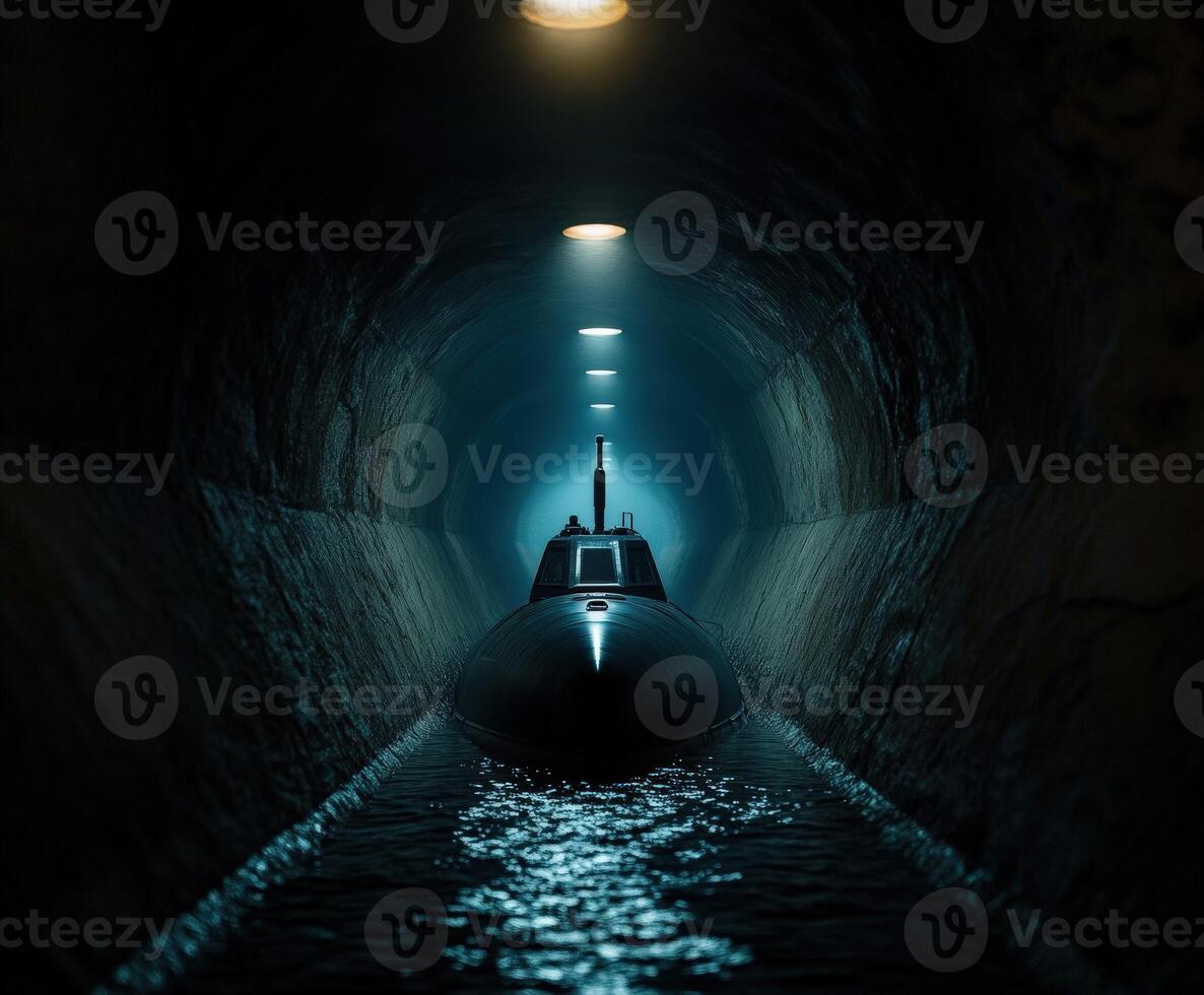Submarine navigating through a dimly lit tunnel photo