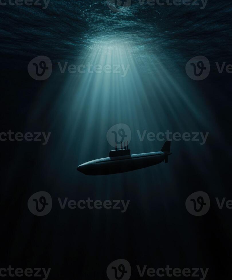 Submarine exploring the depths of the ocean with sunlight rays photo