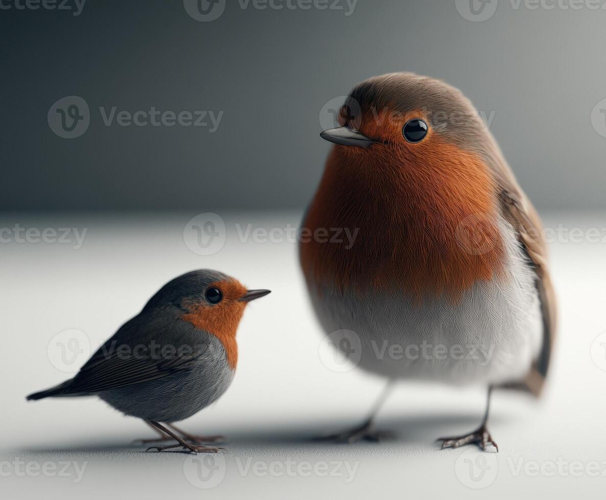 Two robins standing side by side in soft light photo
