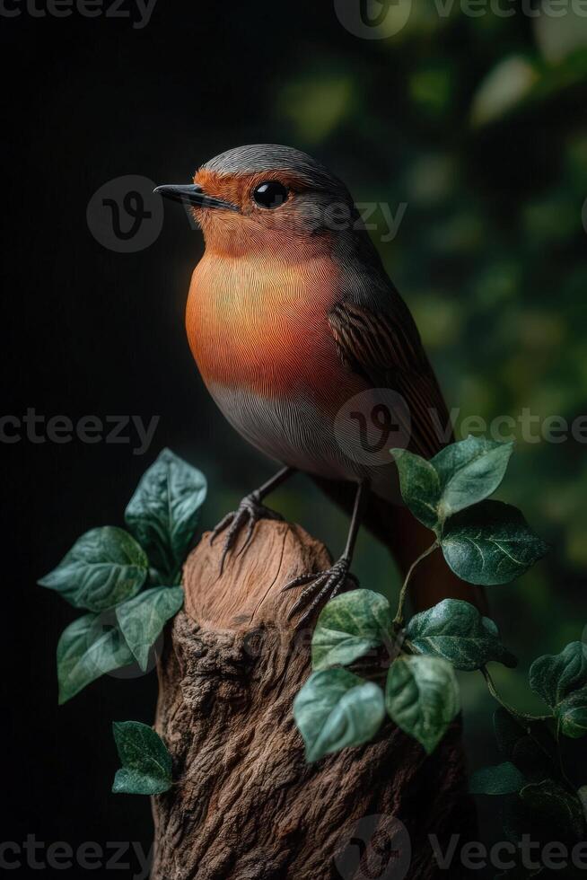 Robin perched on a tree stump surrounded by leaves photo