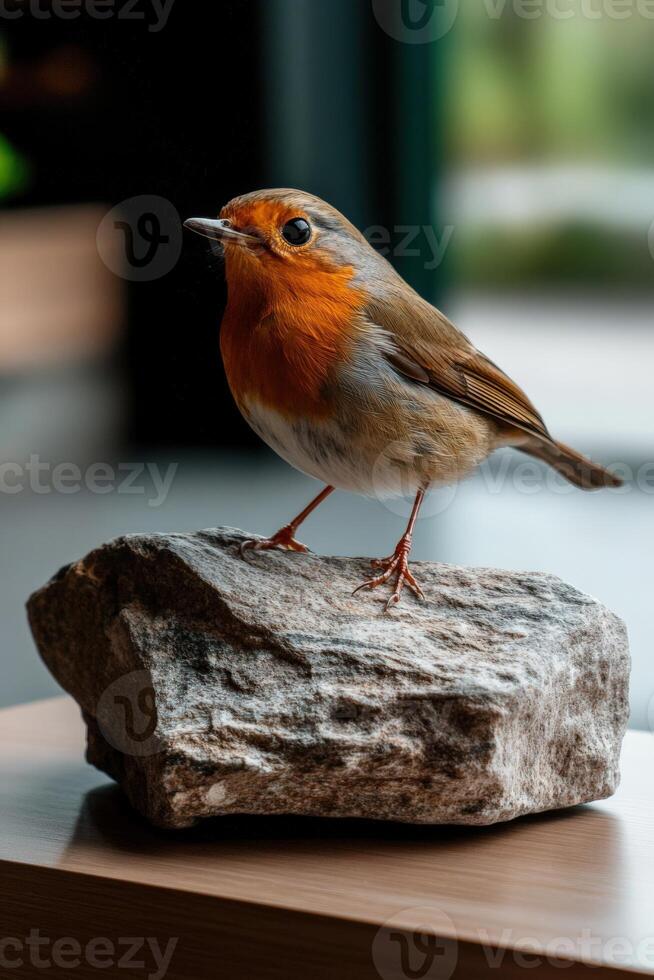 Robin perched on a stone in a cozy indoor environment photo