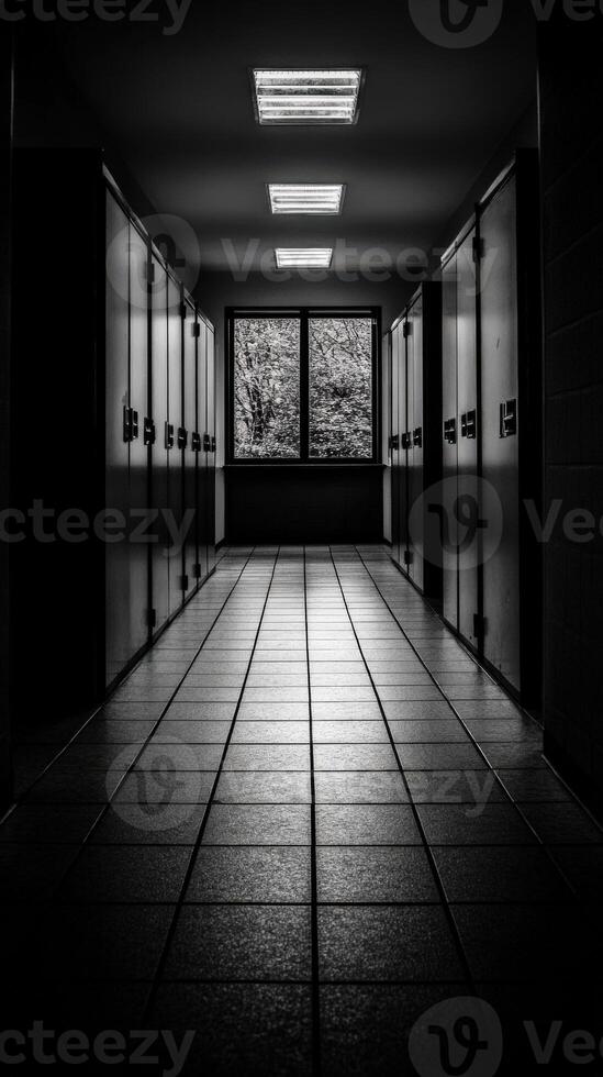 Long hallway with lockers and a window during evening hours photo