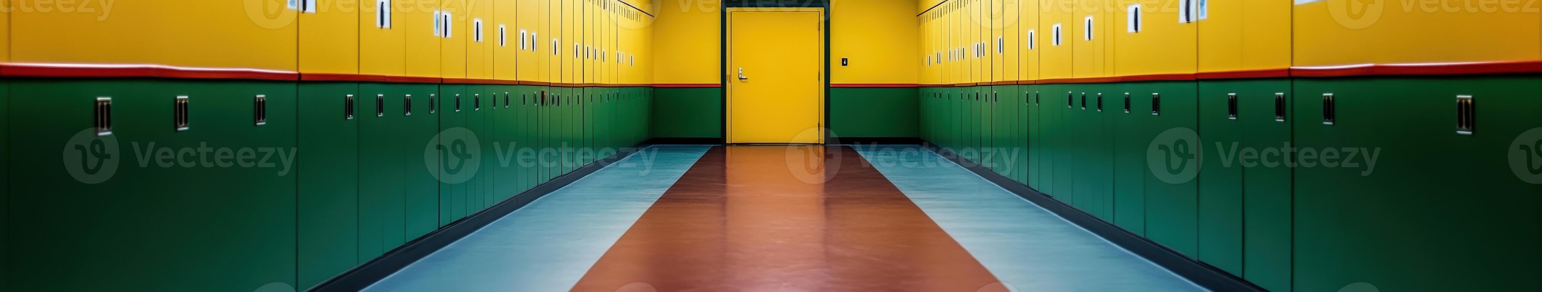 Colorful school hallway with green and yellow lockers photo