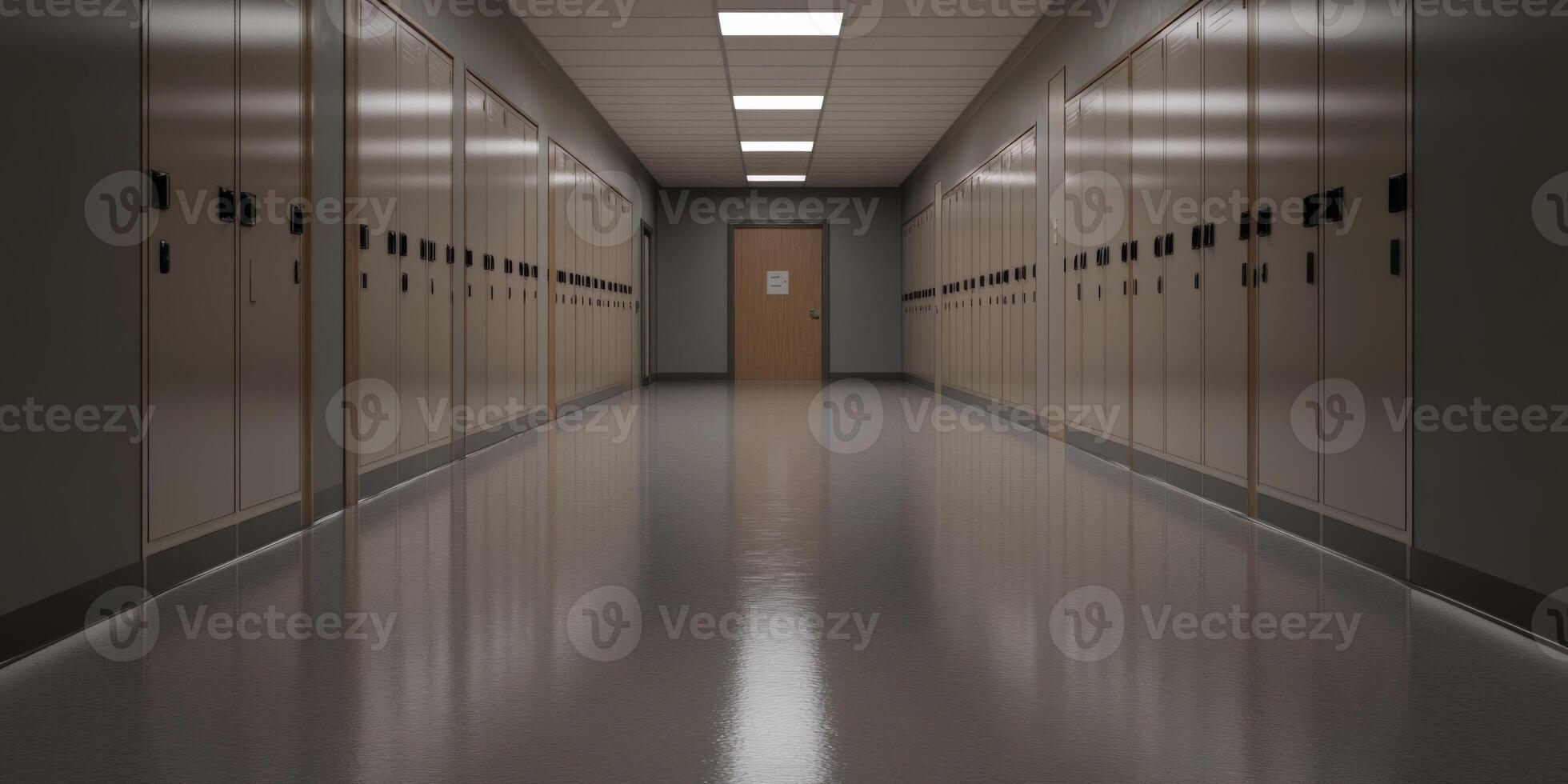 Empty school hallway with lockers and closed doors in daylight photo