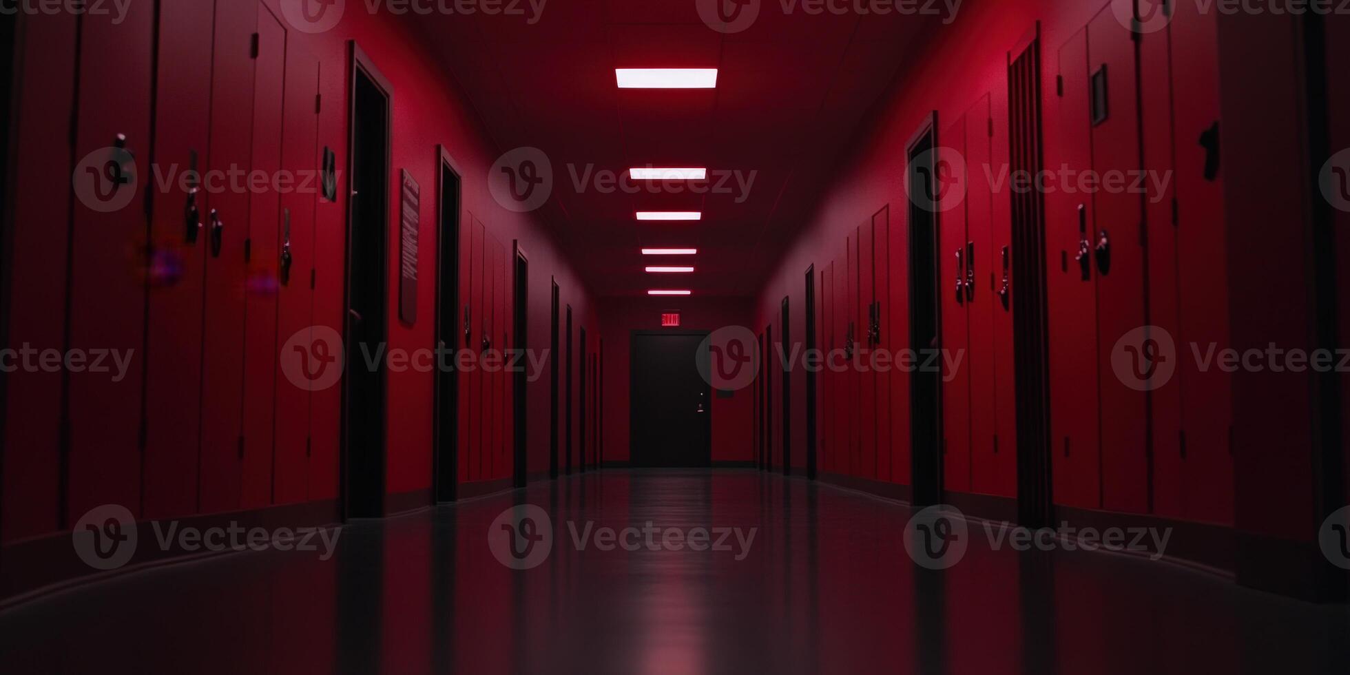 Dark hallway in a building with red lighting effects photo