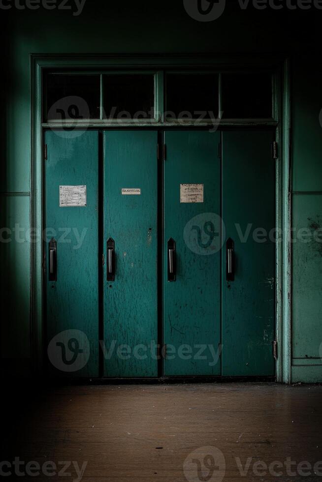 Dark green double doors in an abandoned building photo