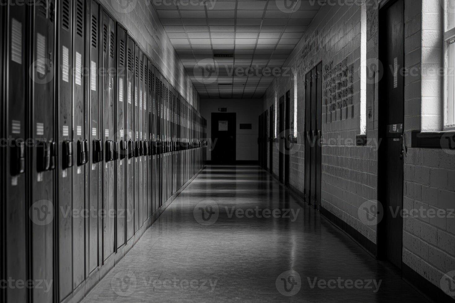 Empty school hallway with lockers and dim lighting in morning photo