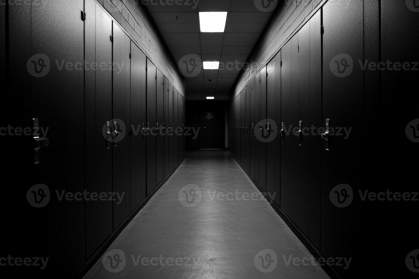 Dark corridor lined with lockers in a quiet building photo