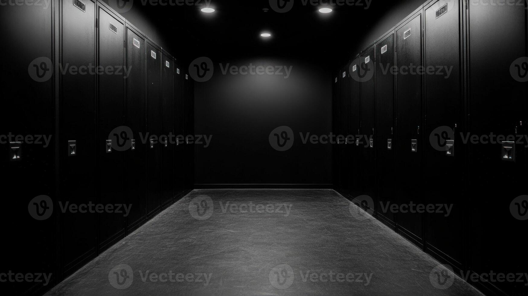 Dark hallway with black lockers and minimal lighting photo