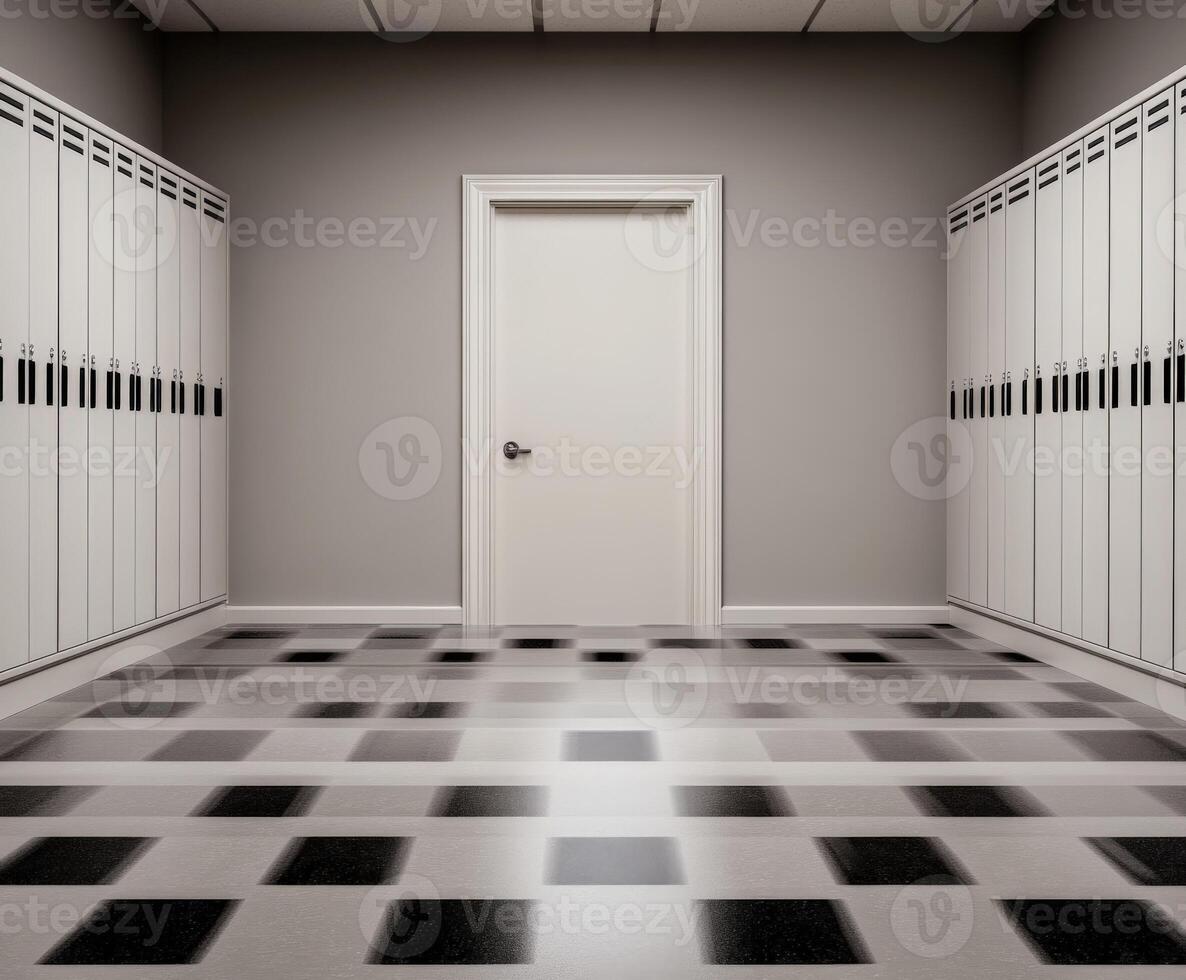 Empty hallway with lockers and a closed door at dusk photo