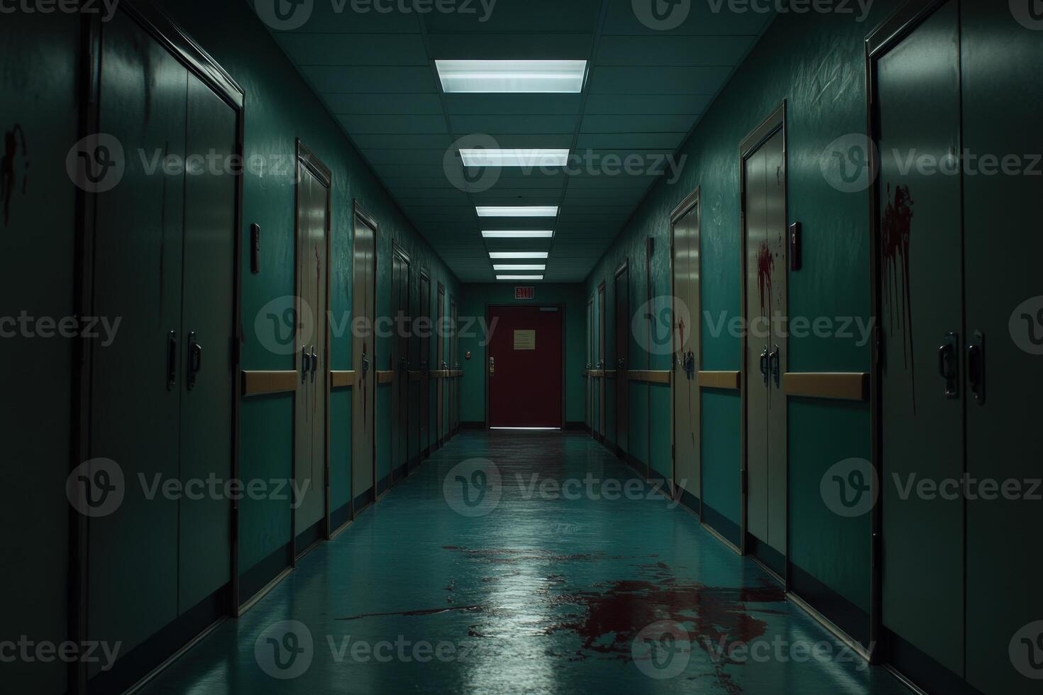Dark hospital corridor with signs of chaos and distress photo