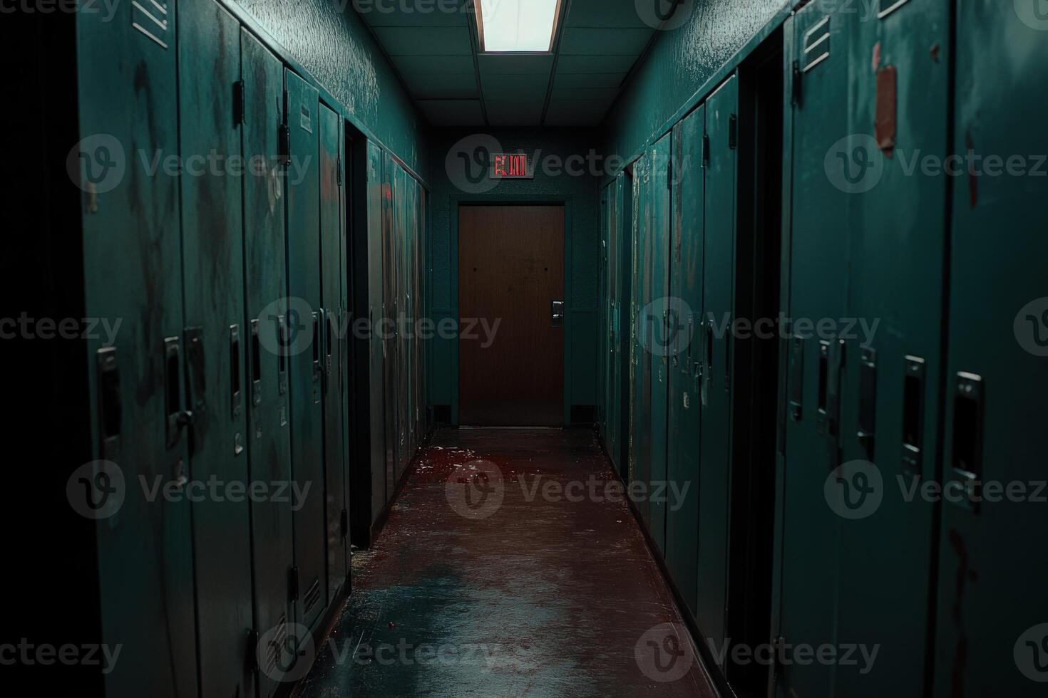 Dark hallway with lockers in an abandoned building photo