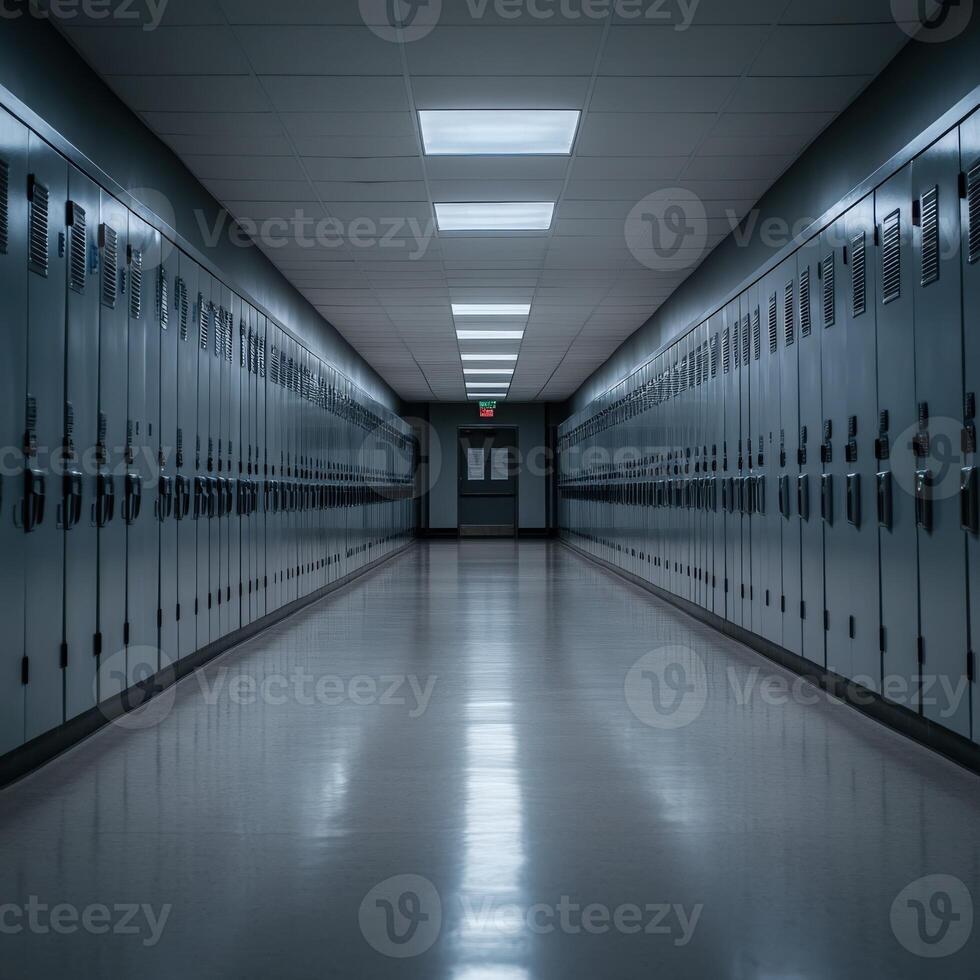 Empty school hallway with lockers during midday photo