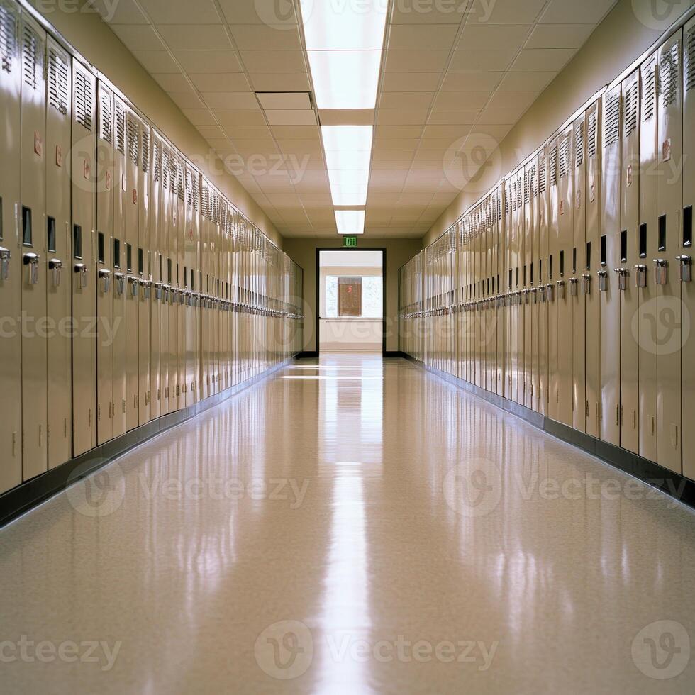 Quiet school hallway with lockers during midday photo