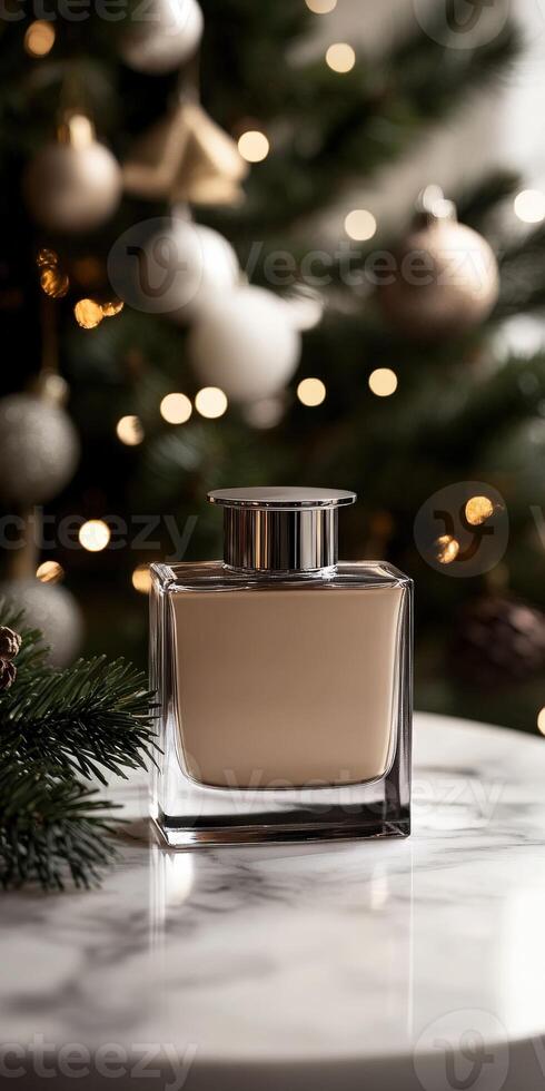 Elegant perfume bottle with festive decorations on display photo