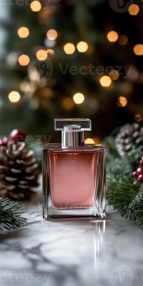Festive perfume bottle surrounded by holiday decorations photo