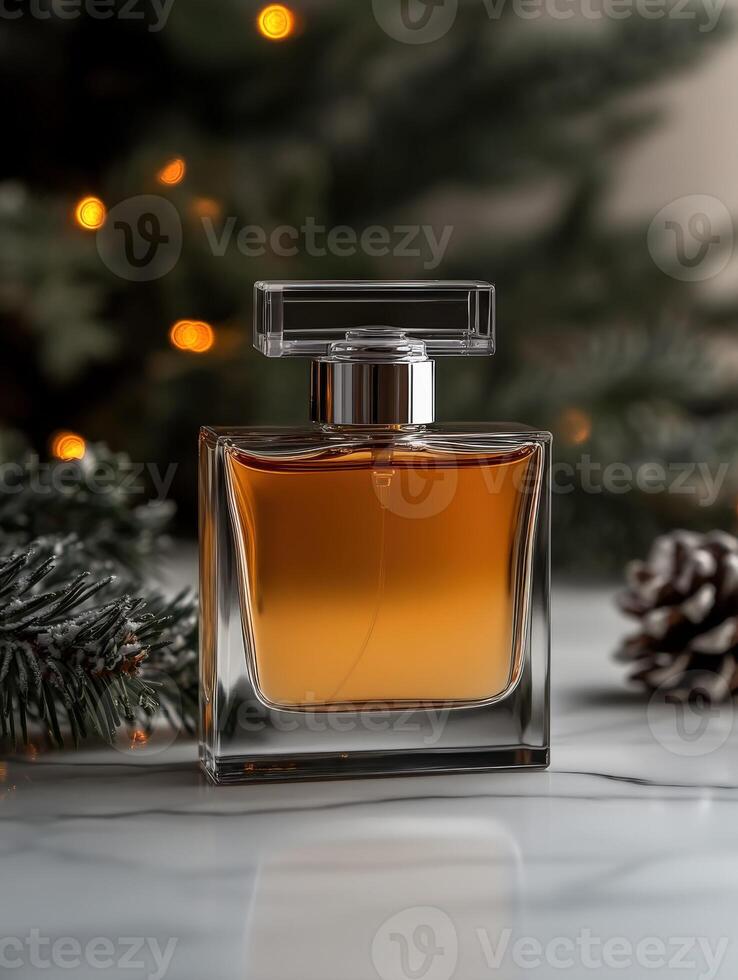 Elegant perfume bottle surrounded by festive decor photo