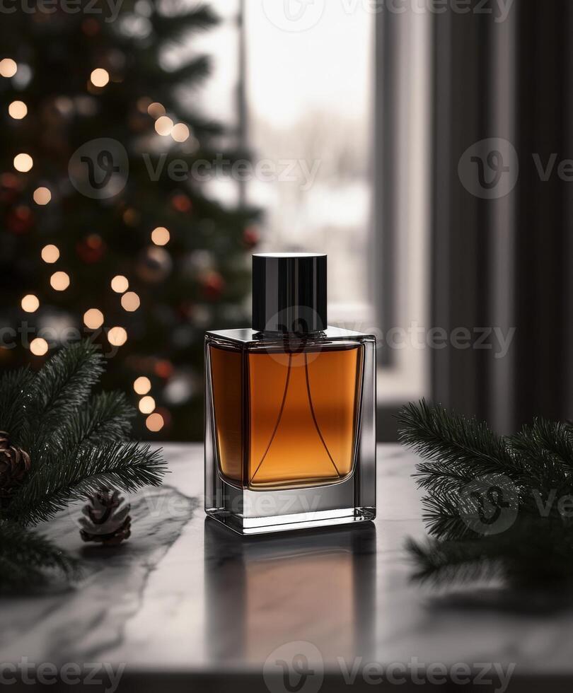 Elegant fragrance bottle on marble surface during winter photo