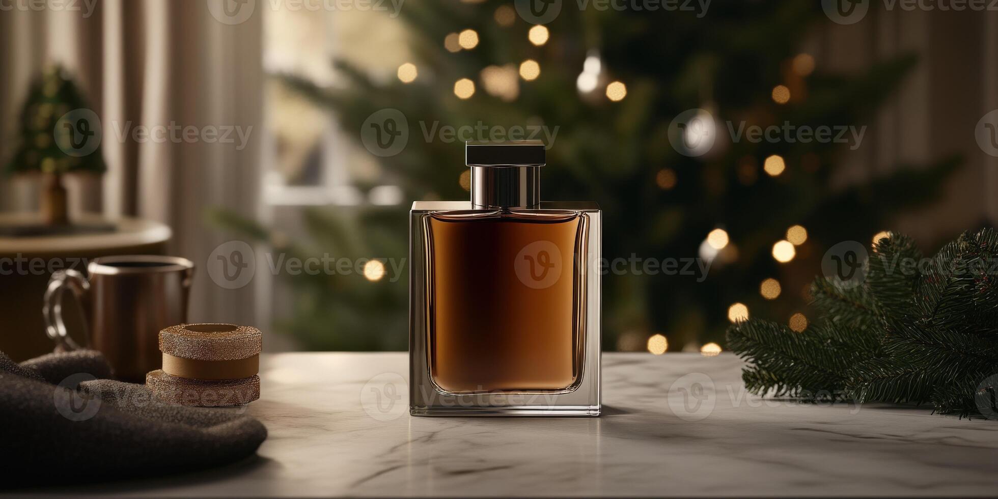 Elegant winter fragrance bottle on marble table near tree photo