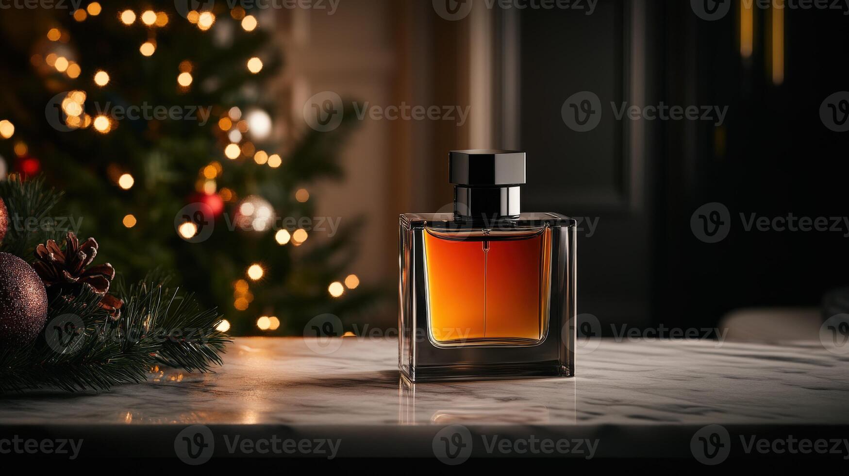 Elegant perfume bottle on marble surface with festive lights photo
