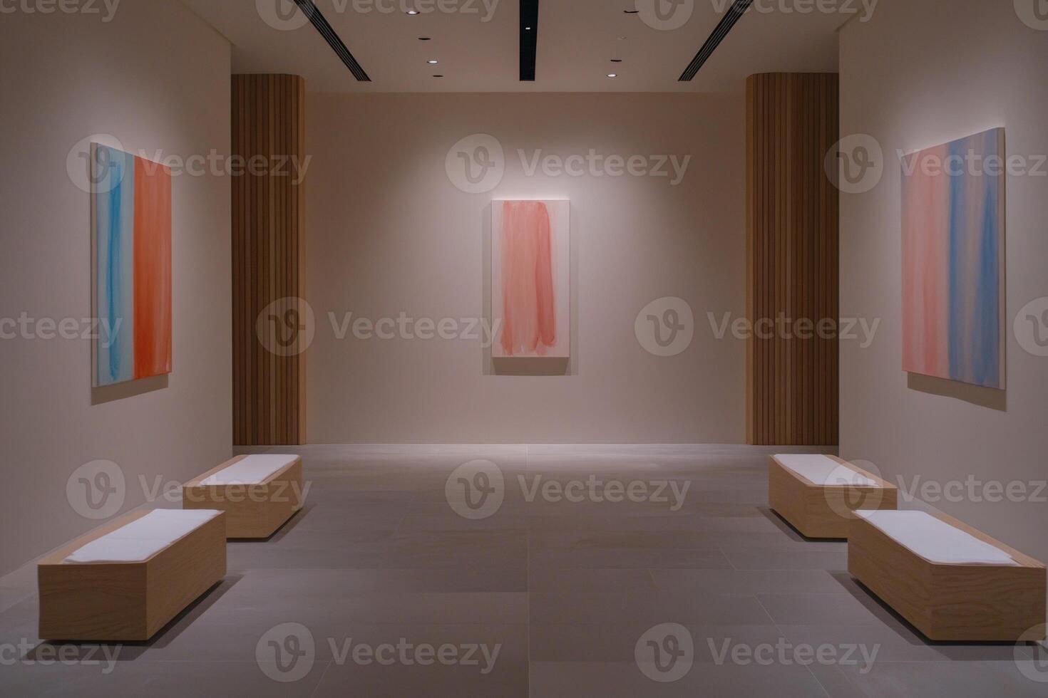 Modern art gallery with abstract paintings on display photo