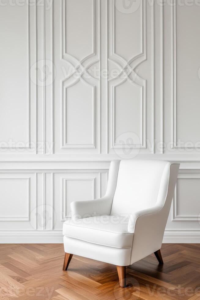 Elegant white chair in bright interior with detailed wall photo