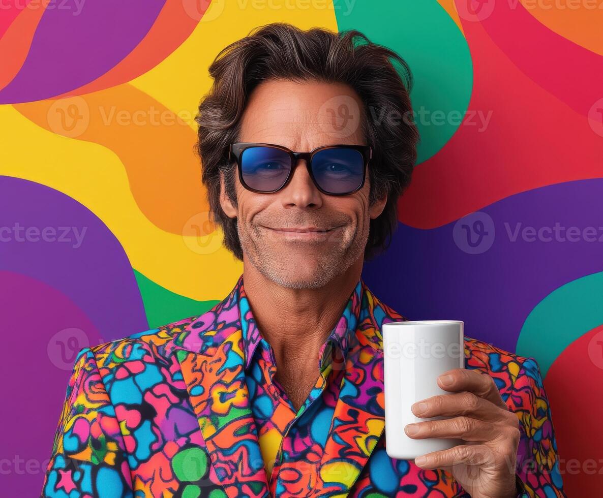 Brightly colored suit and joyful expression at vibrant backdrop photo