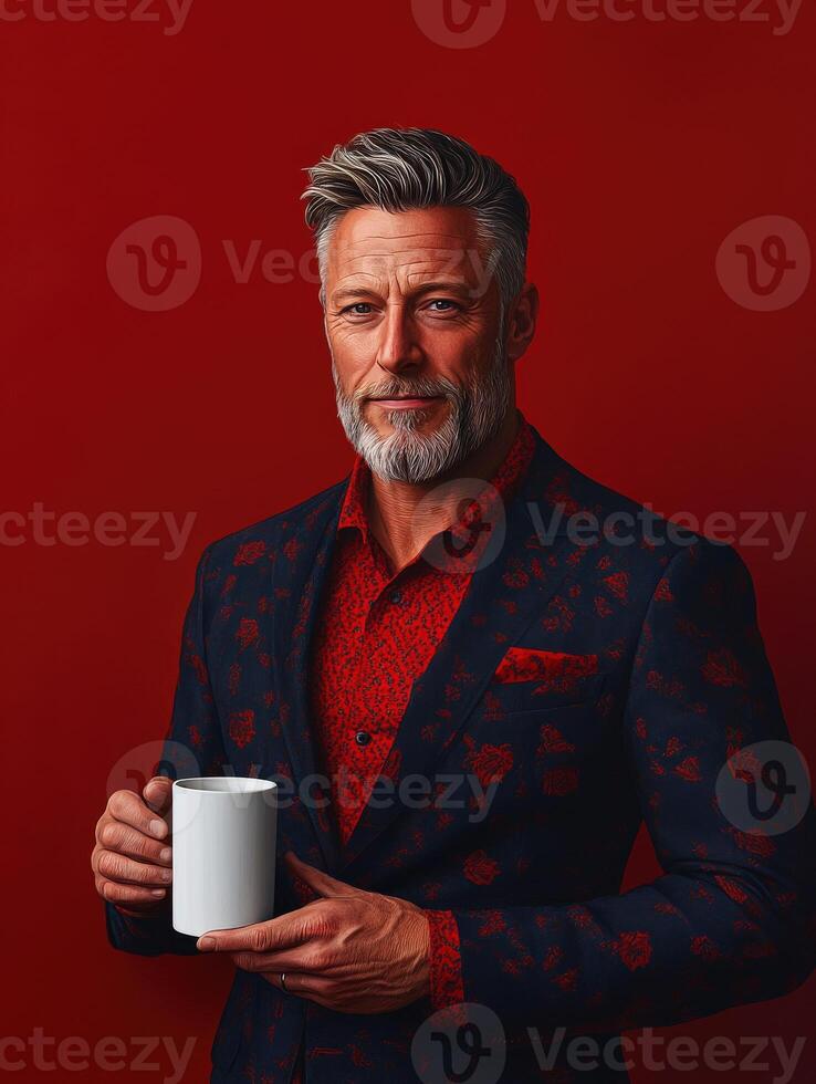 A well-dressed man stands confidently, holding a white cup photo