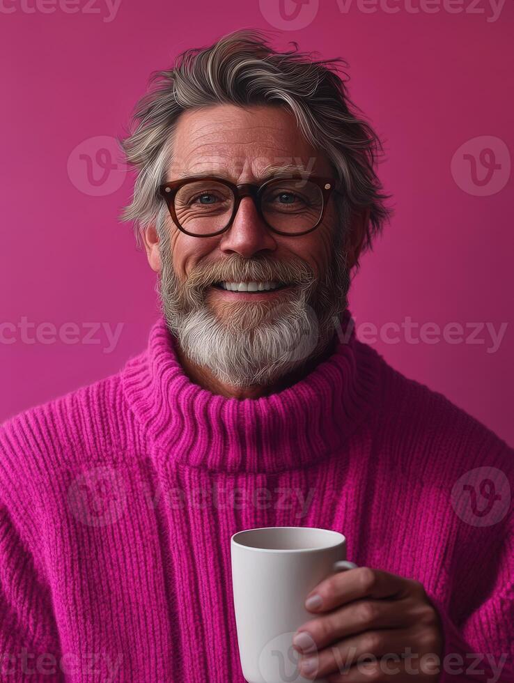 Smiling man in pink sweater holds white cup against pink wall photo
