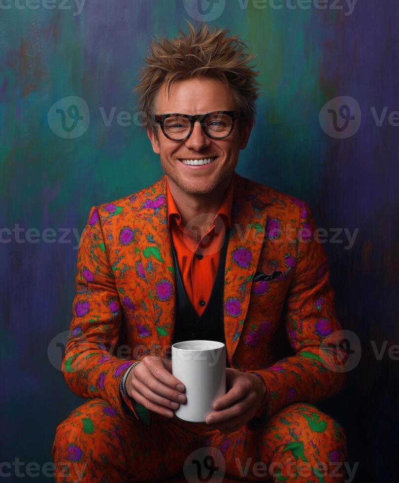 Colorful portrait of a man in a vibrant suit enjoying coffee photo