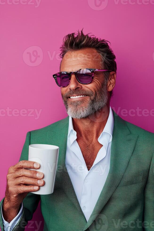 Man in sunglasses holding a coffee cup by a vibrant pink wall photo