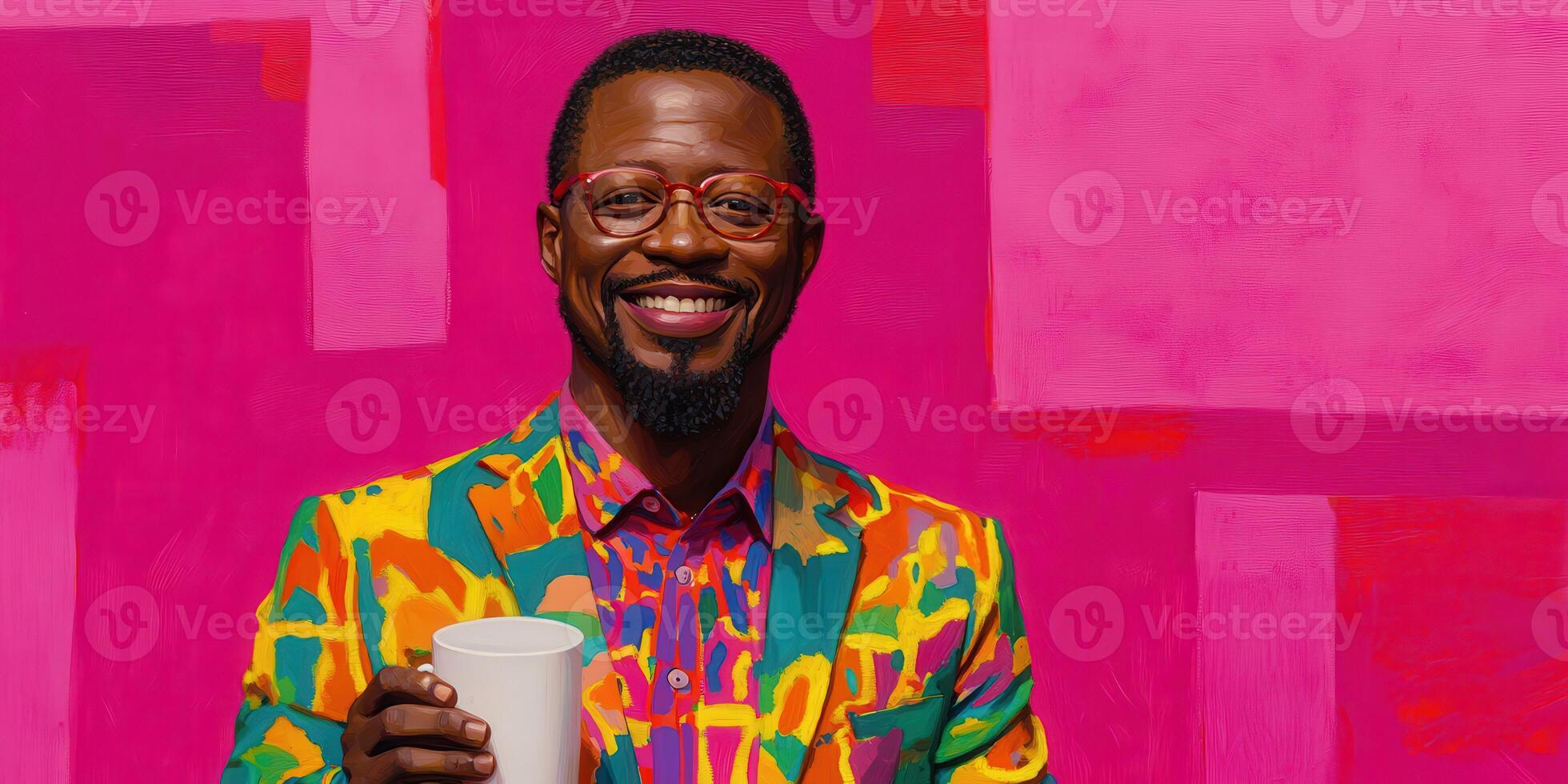 Brightly dressed man smiling with a cup against a bold background photo