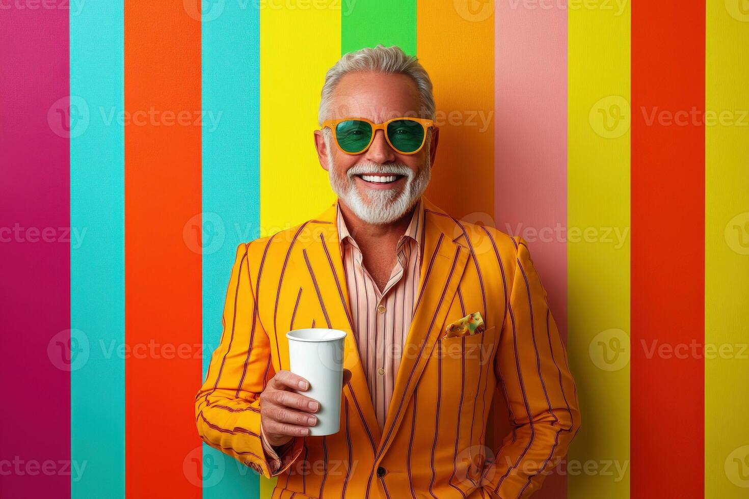 Man in vibrant suit and sunglasses enjoys a drink photo
