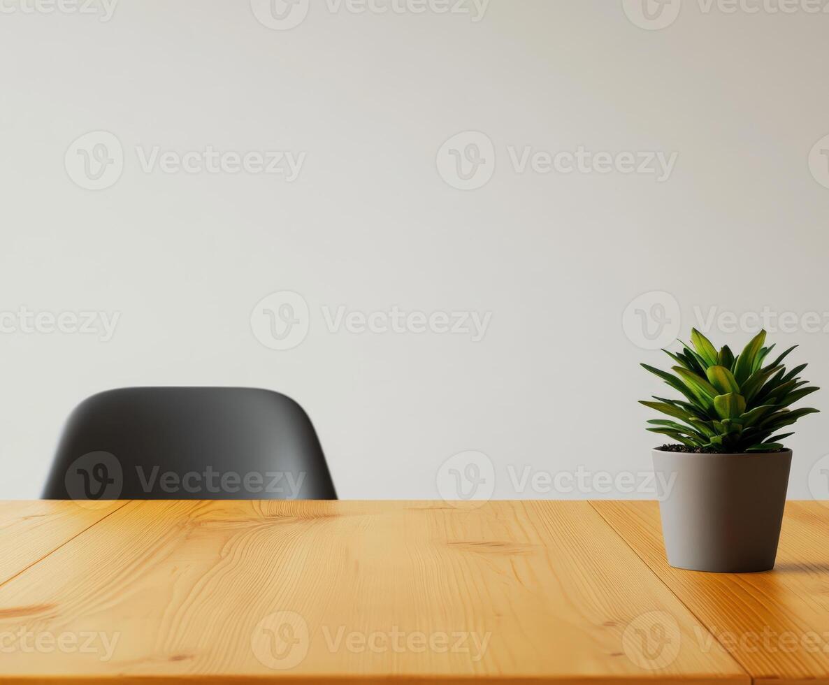 Simple modern table setup with plant and chair in focus photo