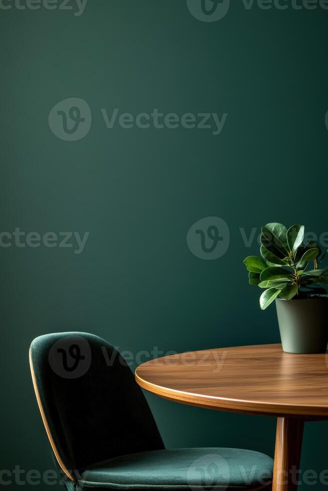Elegant dining space with a green wall and wooden table photo