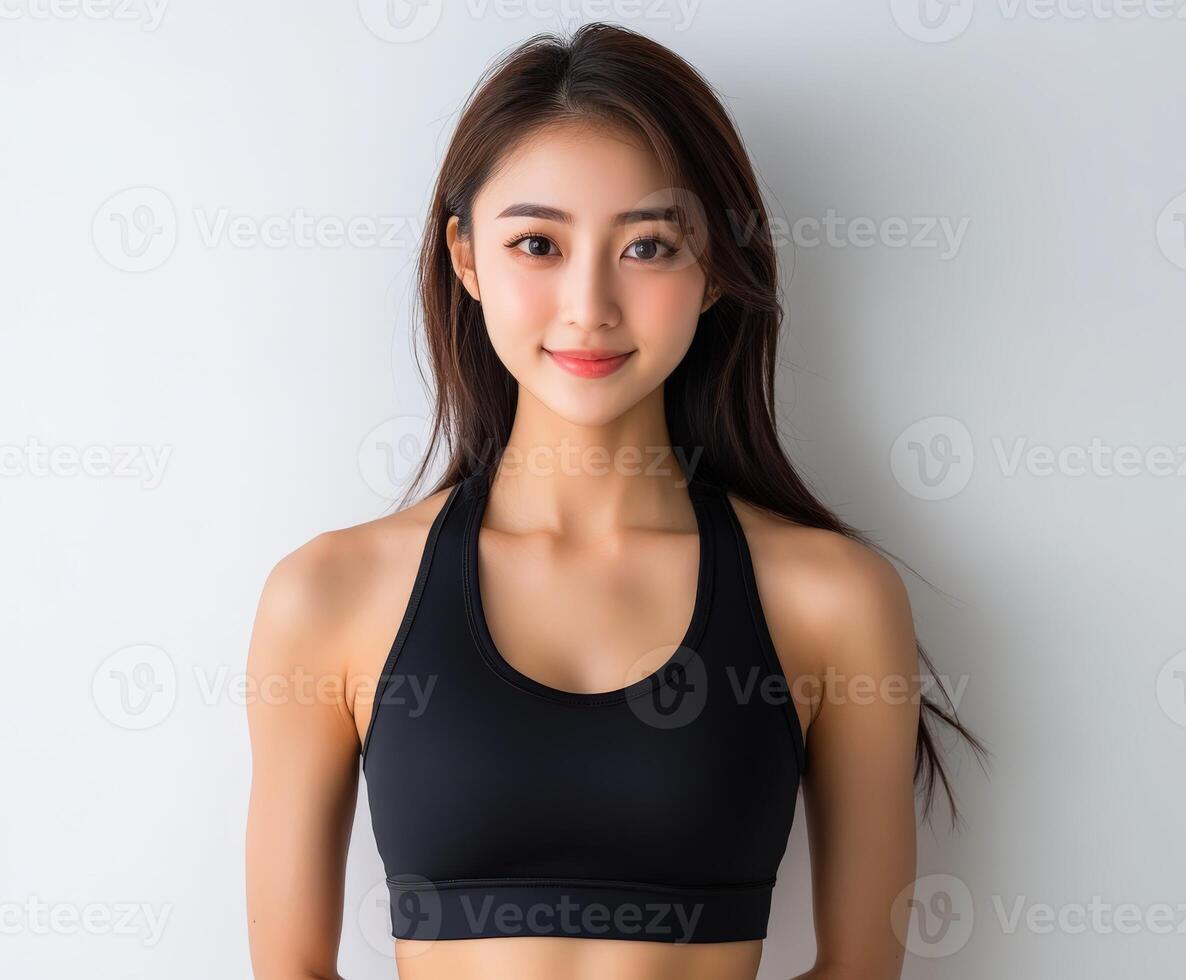 Young woman poses confidently in athletic wear against a wall photo