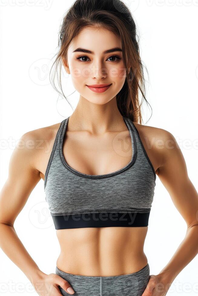 joven mujer poses con confianza en ropa deportiva para aptitud foto