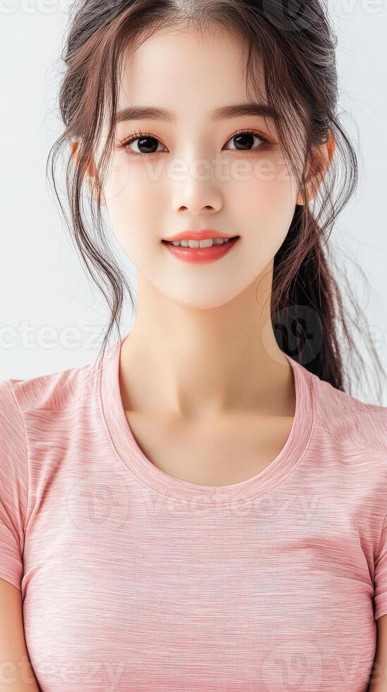 Smiling young woman in fitness attire poses for portrait photo