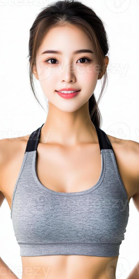 Smiling woman in gray workout top poses confidently for wellness photo